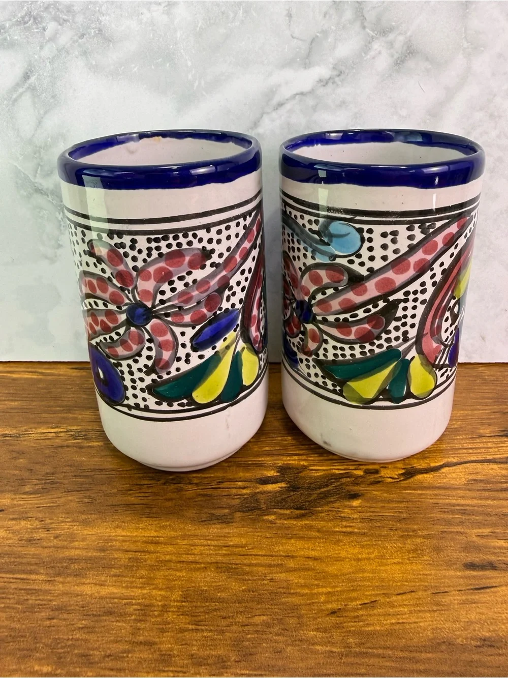 Set of 6 Mexican Talavera Style Pottery Tumblers Hand Painted Fish Folk Art Cups